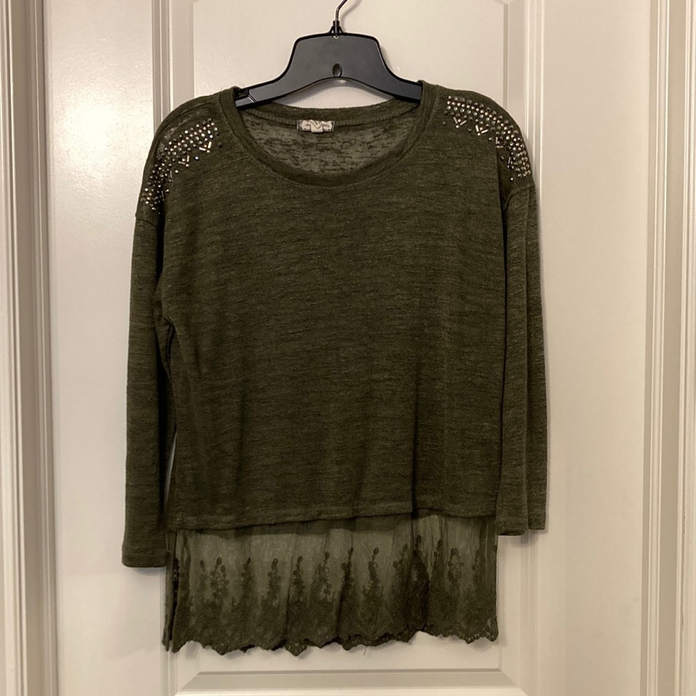 Cute Olive Shirt with Lace at the bottom